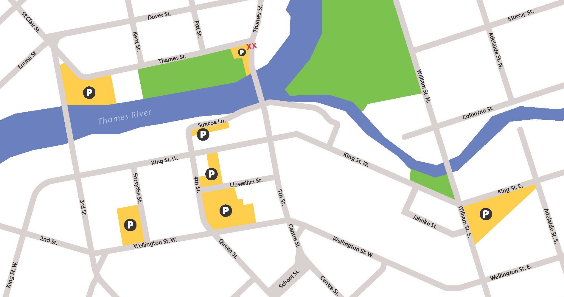 Map of Downtown Chatham with Municipal Parking Lots Highlighted in Yellow